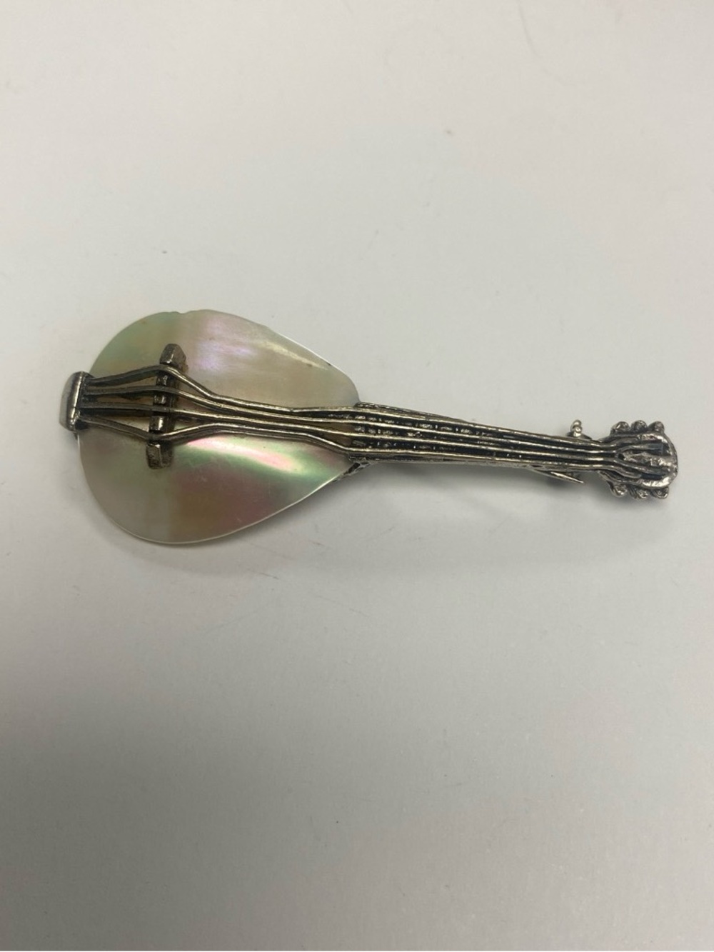 Vintage 1960s Signed Musi  Mother of Pearl Lute Brooch - Silver Tone